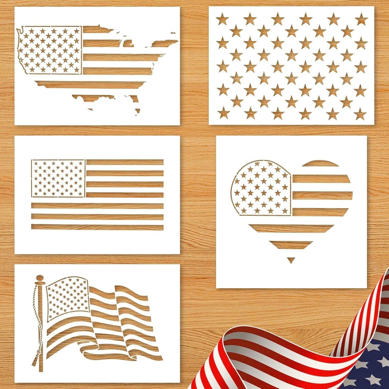 5PCS American Flag Stencils - 50 Star American Map Stencil (5x7/ 6x6 inch)